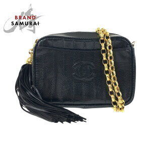 CHANEL Coco Mark fringe black lizard shoulder bag chain